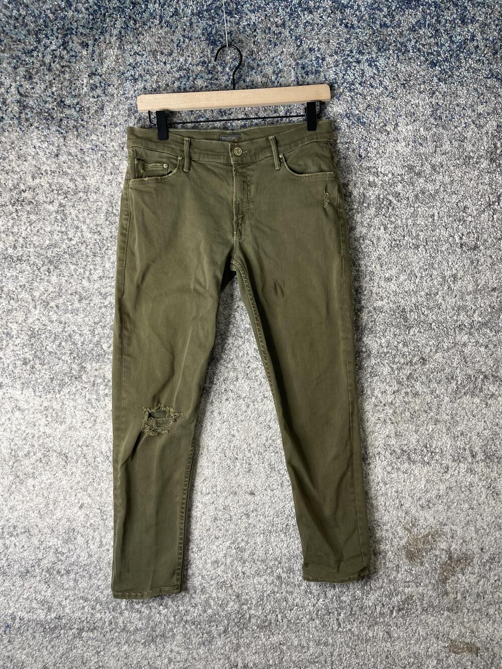 Mother The Dropout Jeans Womens 26 Olive Green Distressed Skinny Pants Made USA